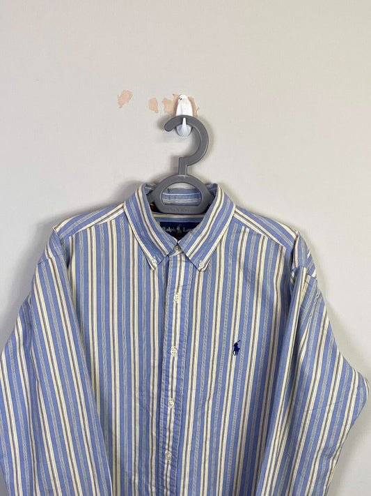 Ralph Lauren Shirt Men Medium Blue Striped Classic Fit Small Blue Polo Pony Logo