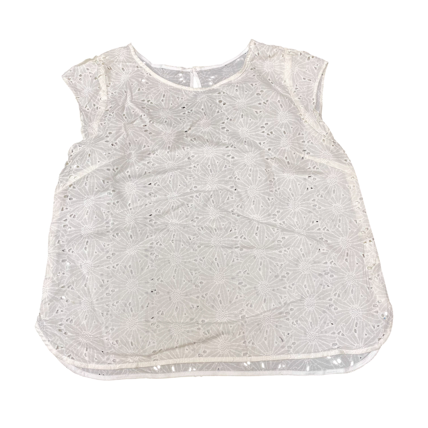 Blouse Top Womens S White Eyelet Floral Cap Short Sleeve Keyhole Back Pullover