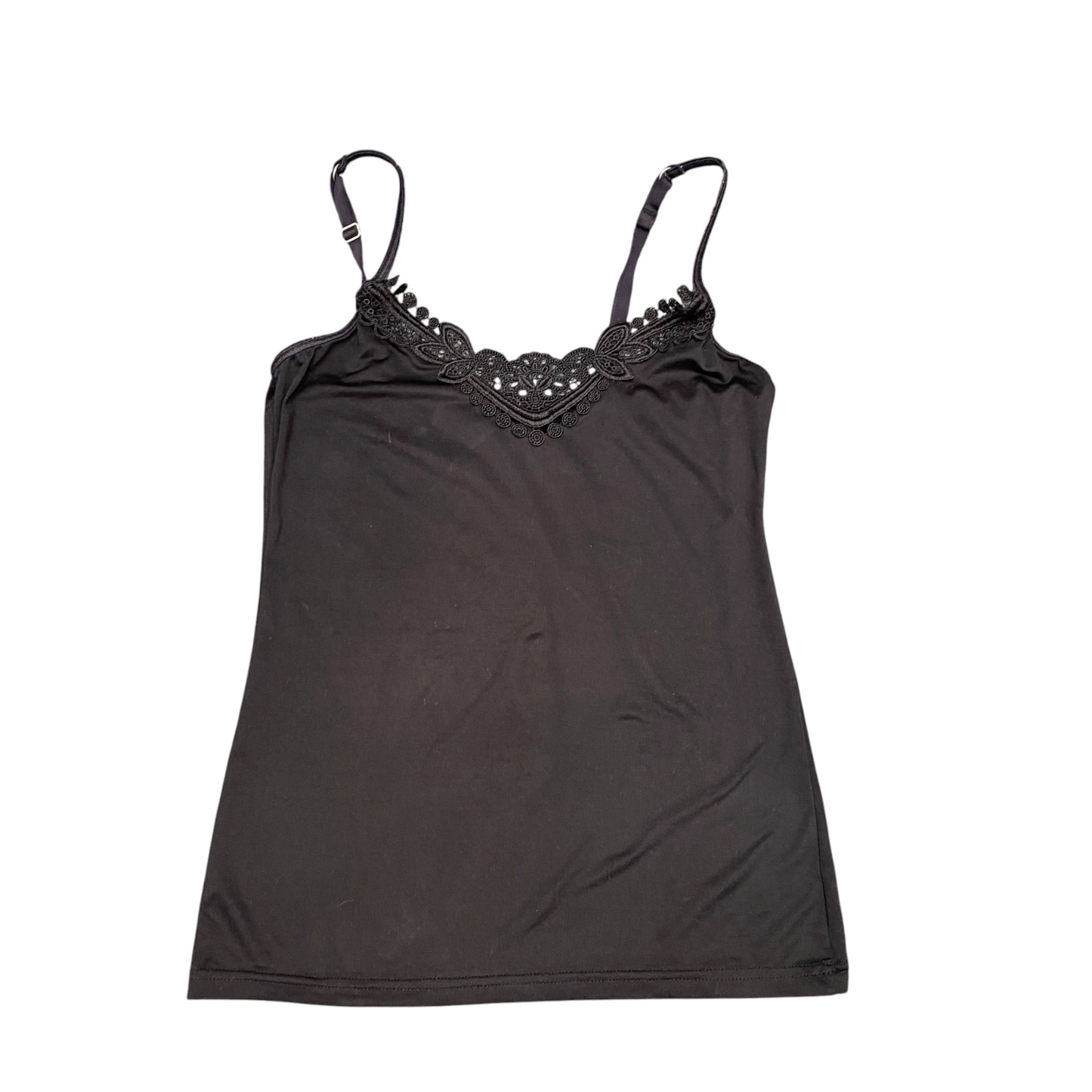Women Camisole Top S Black Solid Lace Trim Adjustable Spaghetti Strap Sleeveless