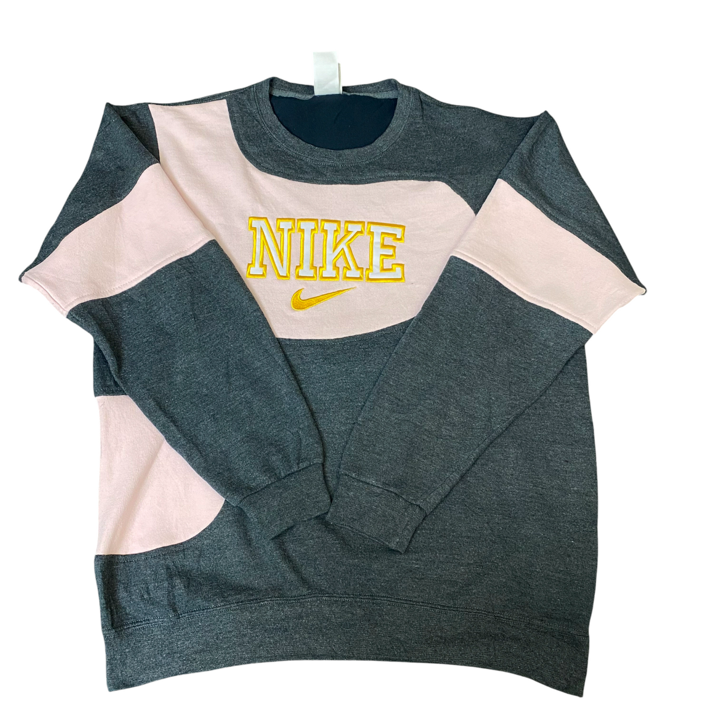 Nike Reworked Sweatshirt Mens L Grey Pink Embroidered Spellout Logo Vintage Y2K