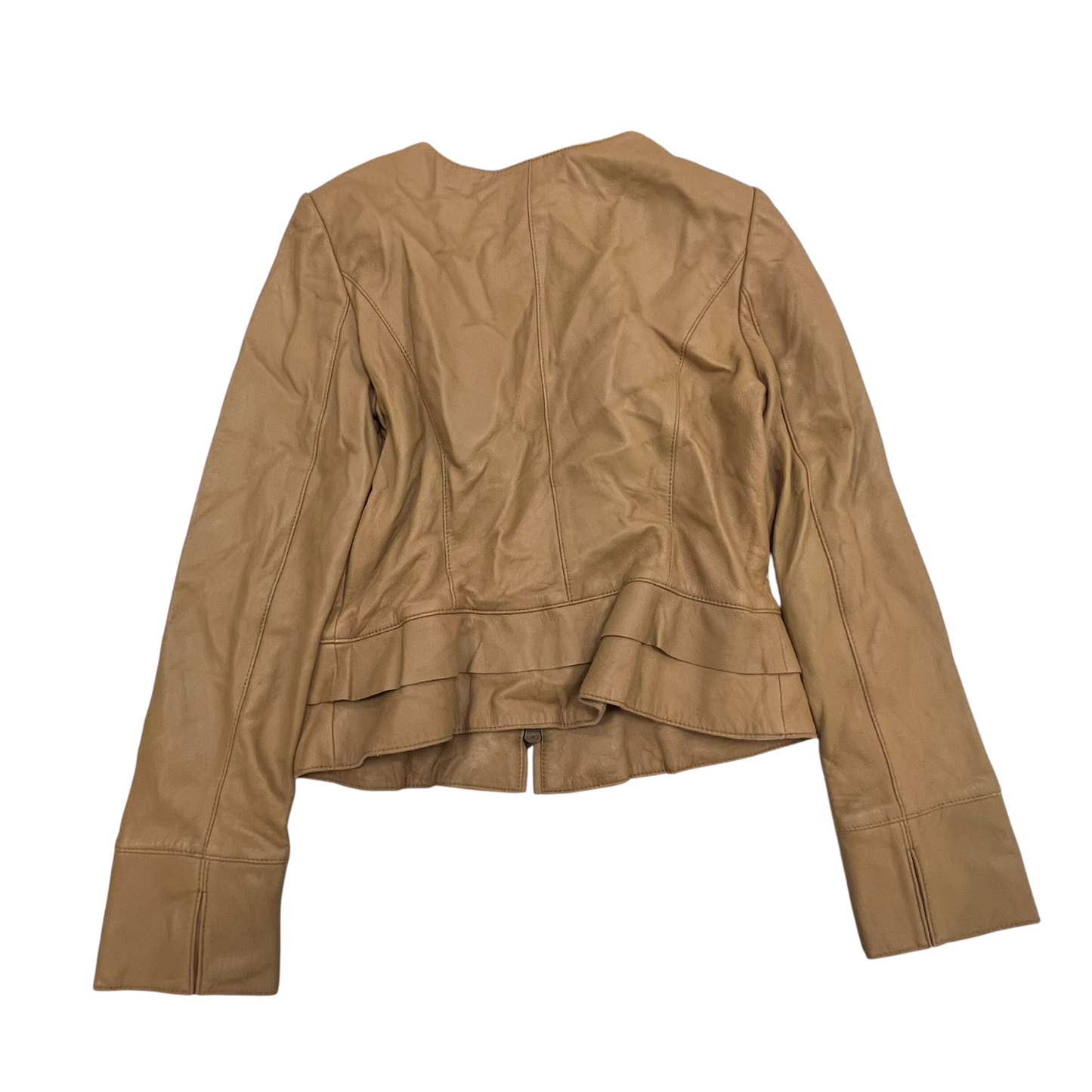 Womens Faux Leather Jacket Small Brown Lined Long Sleeve Round Neck Full Zip