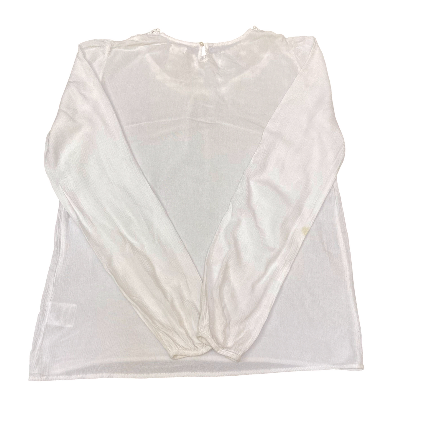 Blouse Top Womens L White Lace Trim Crew Neck Long Sleeve Keyhole Back Pullover