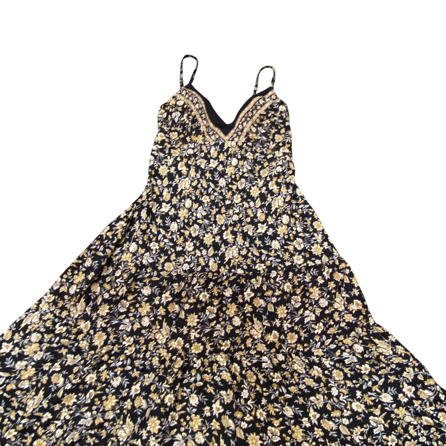 Keawa Maxi Dress Womens S Black Gold Floral V-Neck Spaghetti Straps Pullover