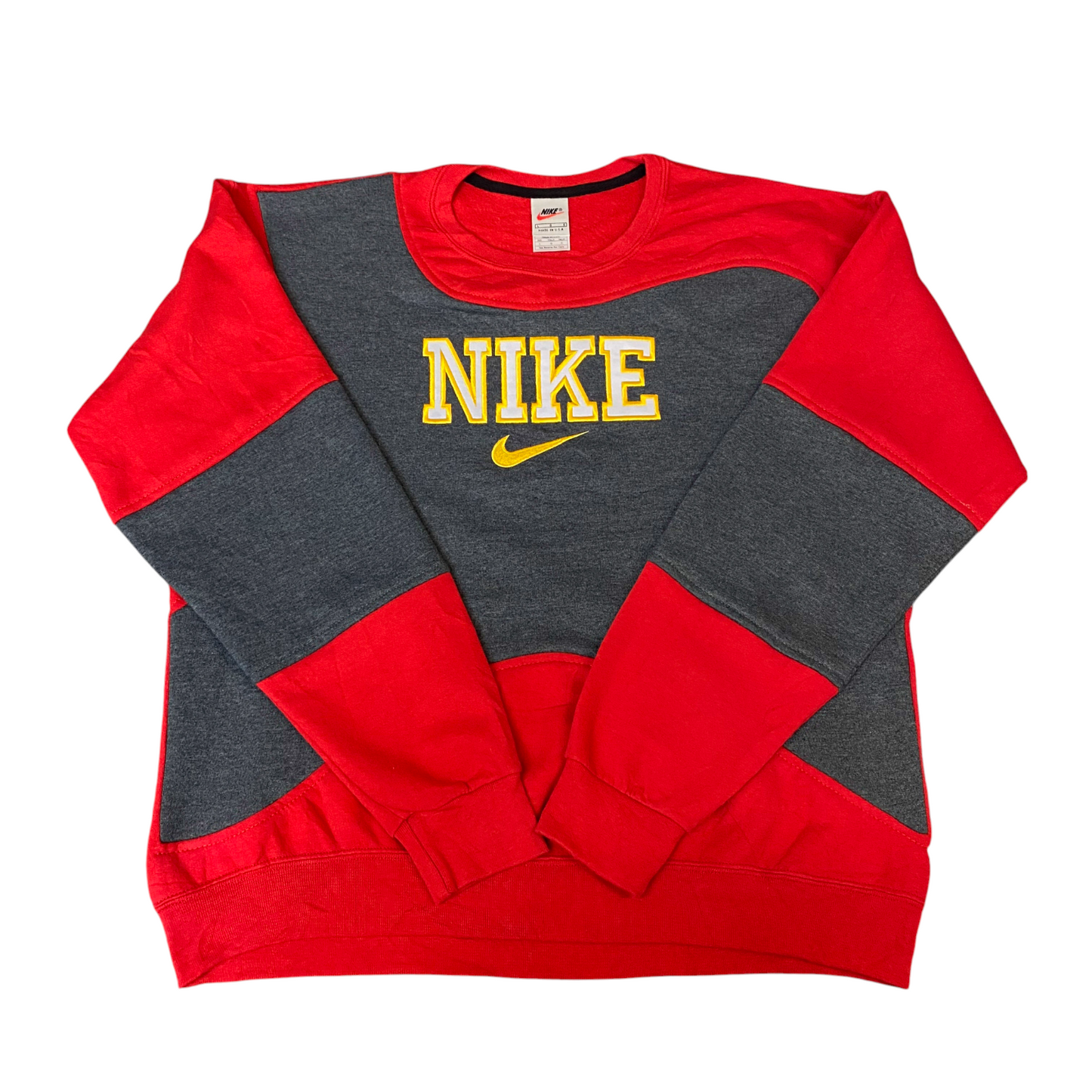 Nike Reworked Sweatshirt Mens Large Red Grey Embroidered Spellout Logo Vtg Y2K