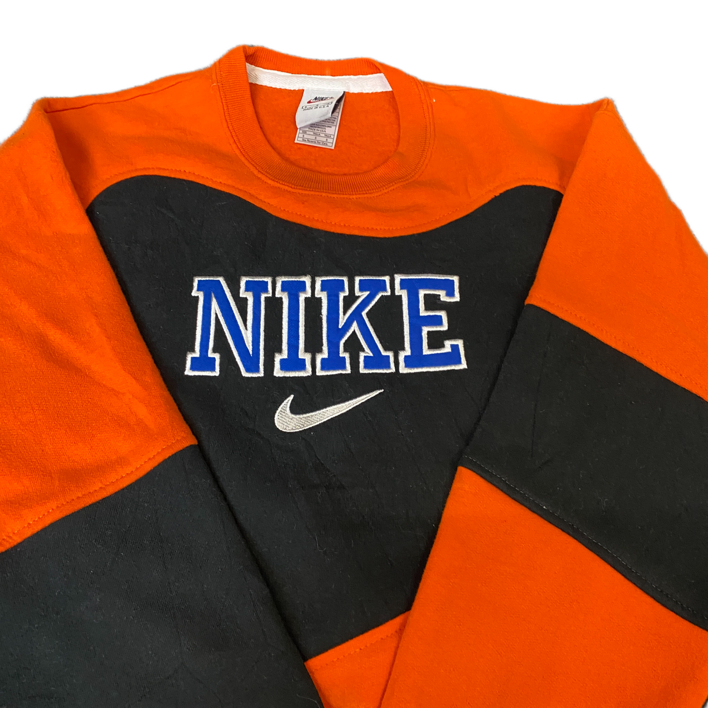 Nike Reworked Sweatshirt Mens S Orange Black Embroidered Spellout Logo Vtg Y2K