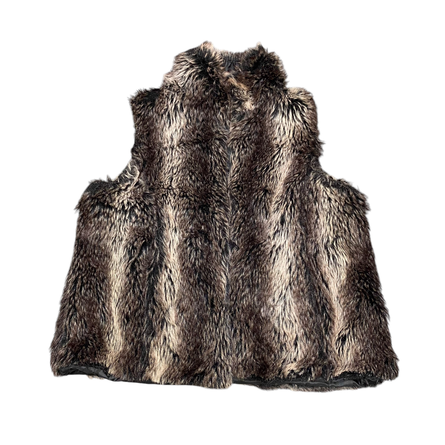 Excellium Faux Fur Vest Womens L Brown Striped Lightweight Sleeveless Open Front