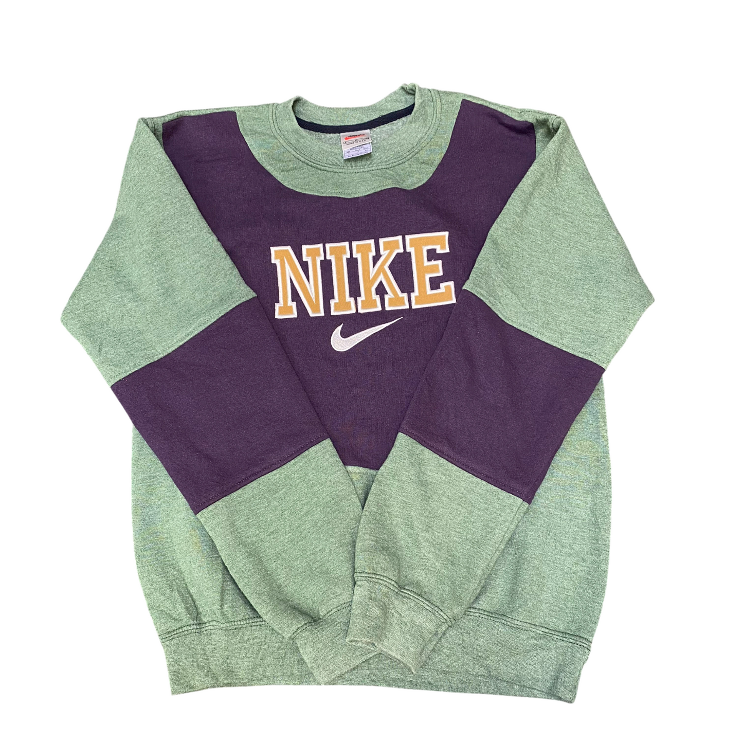 Nike Reworked Sweatshirt Mens Small Green Purple Embroidered Spell Out Logo Y2K