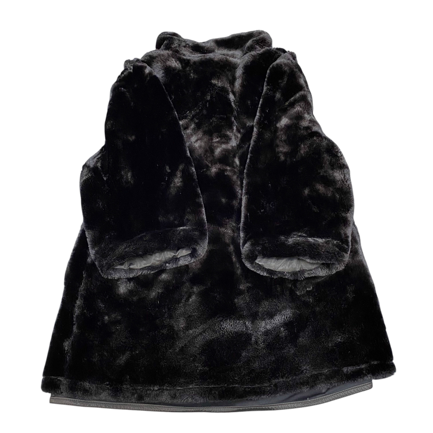 Womens Faux Fur Long Coat Large Black Lined Long Sleeve Collared Button Front