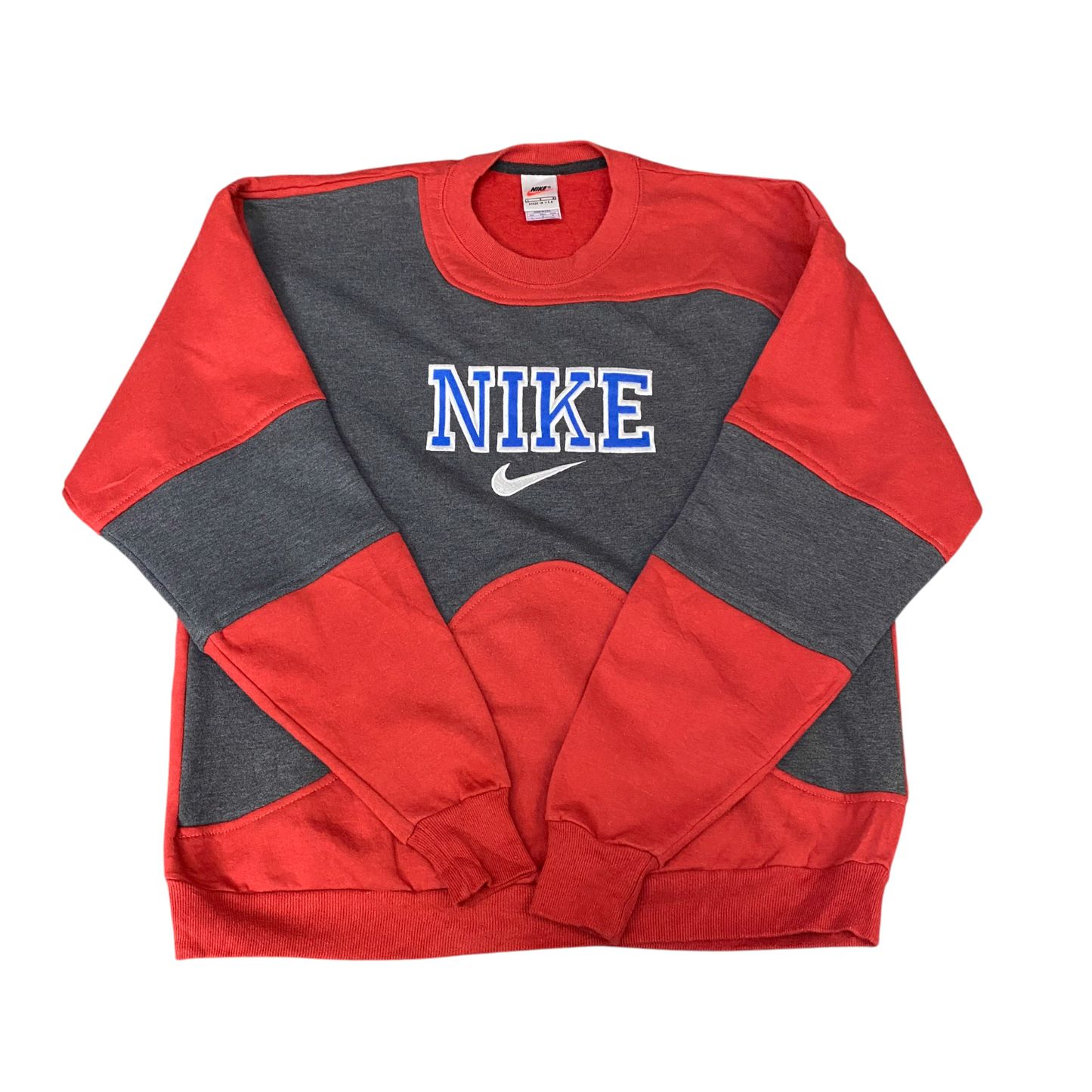 Nike Reworked Sweatshirt Mens Large Red Grey Embroidered Spellout Logo Vtg Y2K