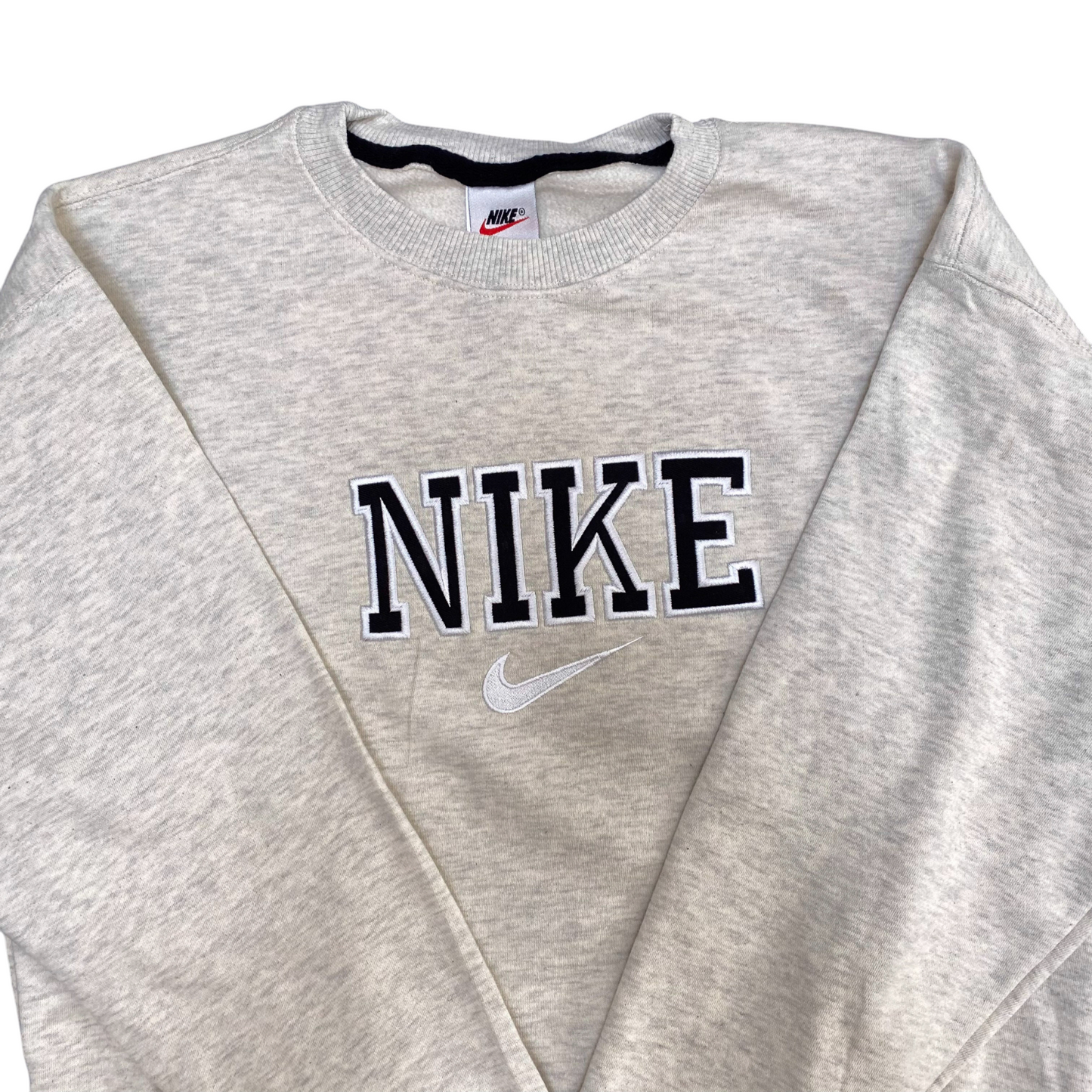 Nike Reworked Sweatshirt Mens M Grey Heather Embroidered Spellout Logo Crew Neck