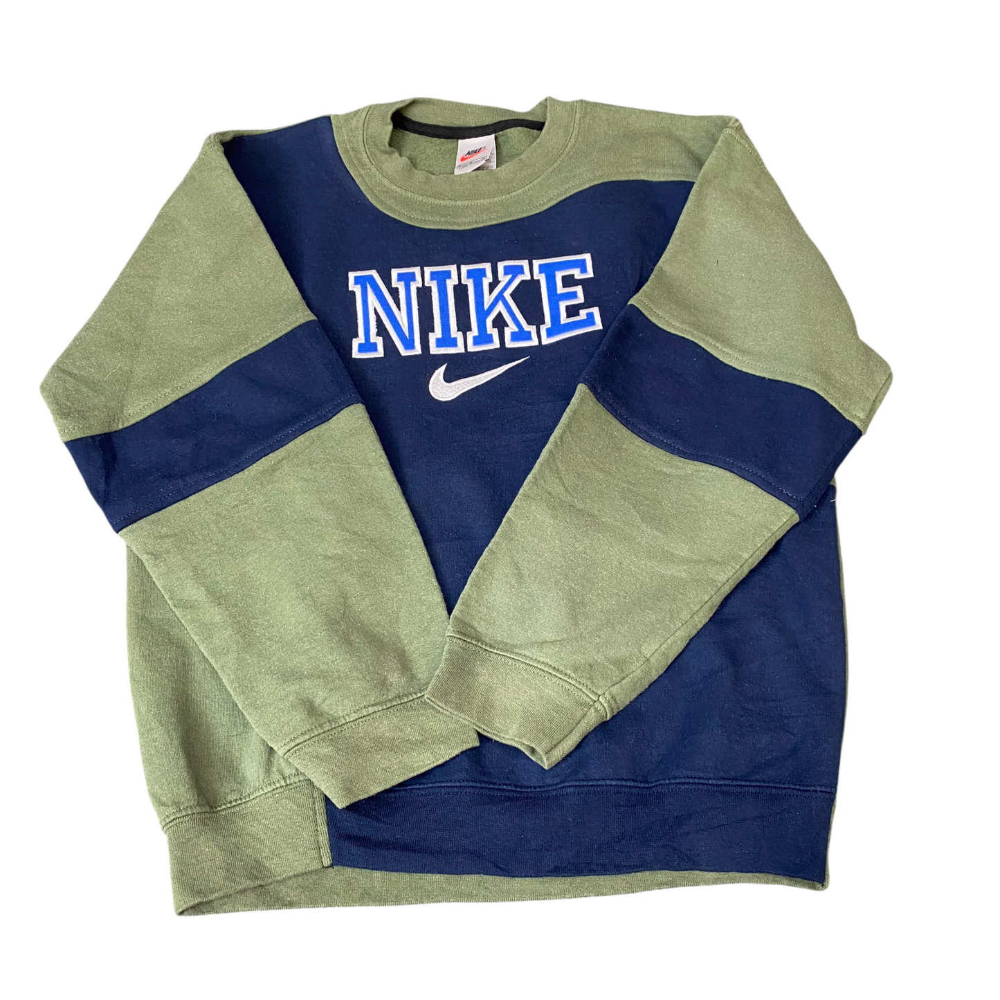 Nike Reworked Sweatshirt Mens M Navy Green Embroidered Spellout Logo Vintage Y2K