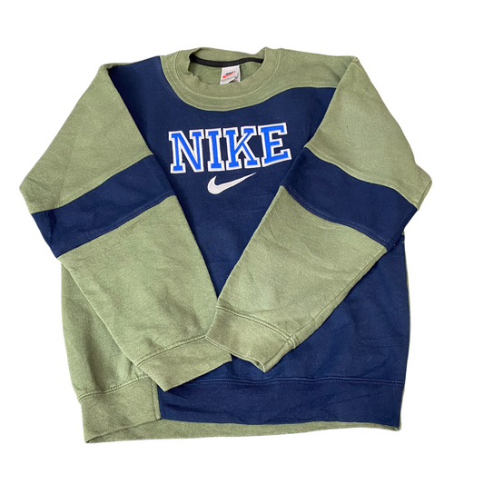 Nike Reworked Sweatshirt Mens M Navy Green Embroidered Spellout Logo Vintage Y2K