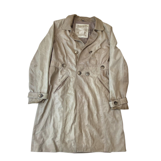 Oakwood Leather Trench Coat Womens Large Beige Lined Collared Double Breasted