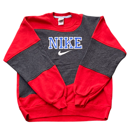 Nike Reworked Sweatshirt Mens Medium Red Grey Embroidered Spellout Logo Vtg Y2K