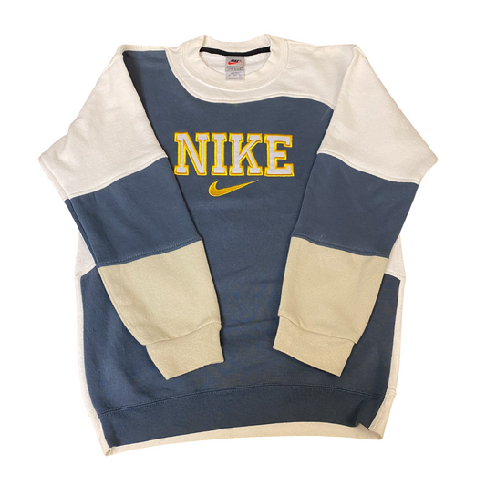 Nike Reworked Sweatshirt Mens Small Grey Cream Embroidered Spellout Logo Vtg Y2K