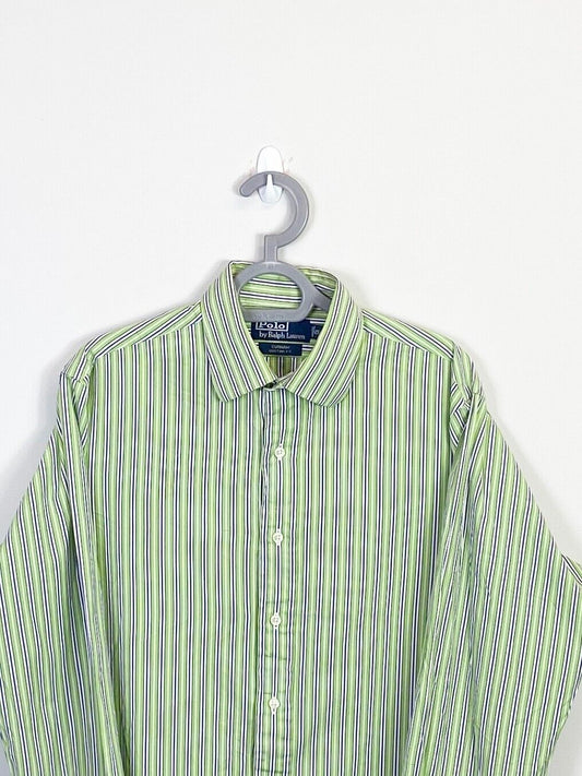 Ralph Lauren Dress Shirt Men Medium Green Striped Curham Classic Fit Button Down