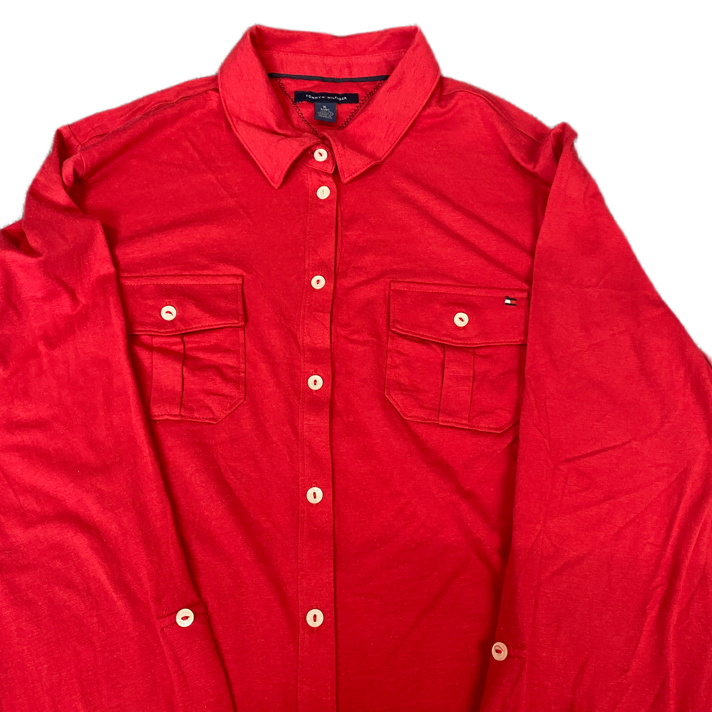 Tommy Hilfiger Shirt Womens L Red Long Sleeve Detail Pocket Collared Button Up