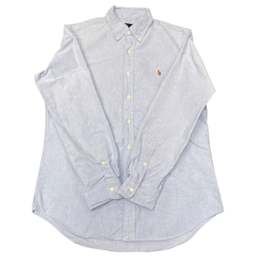 Ralph Lauren Shirt Mens M Blue Long Sleeve Brown Pony Logo Collared Button Down