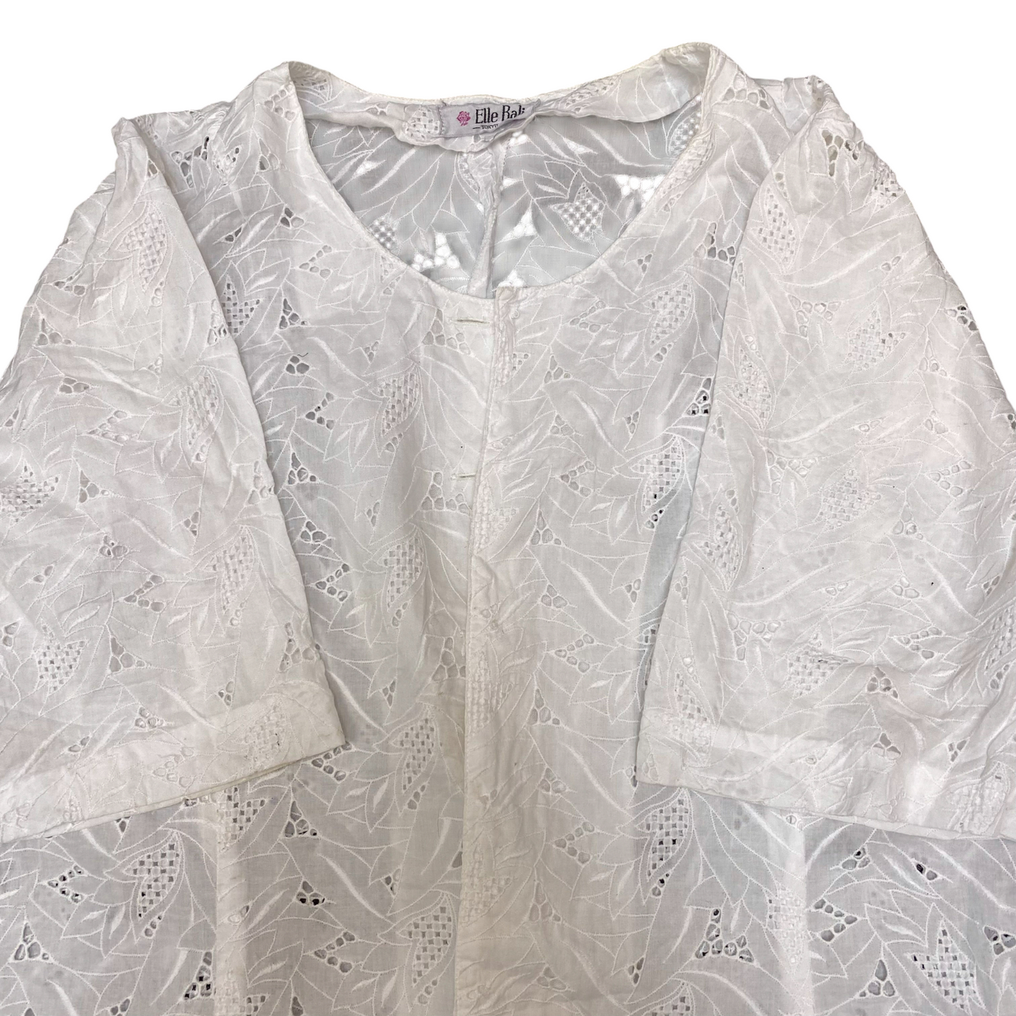 Blouse Top Womens M White Eyelet Floral Casual 3/4 Sleeve Round Neck Scallop Hem