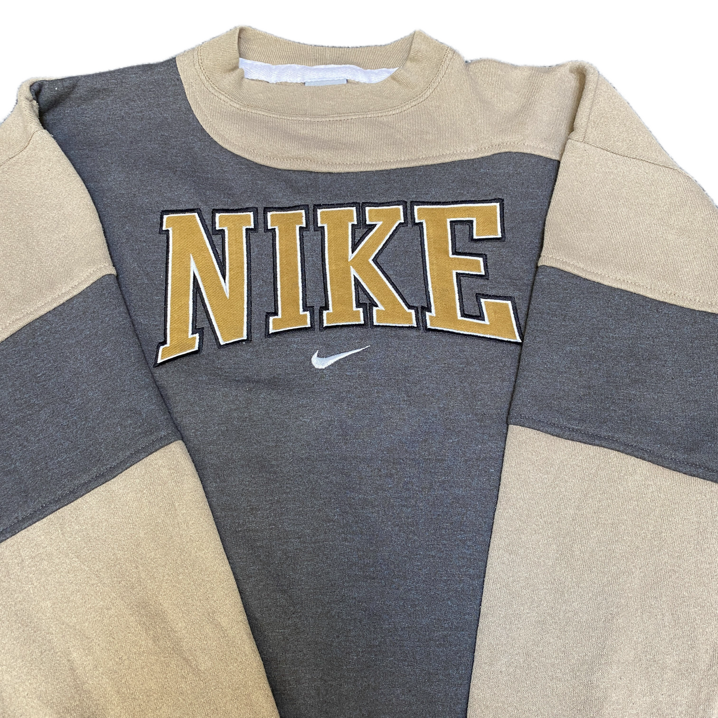 Nike Reworked Sweatshirt Mens M Grey Beige Embroidered Spellout Logo Vintage Y2K