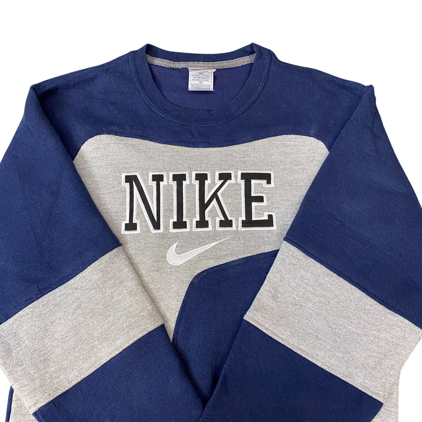 Nike Reworked Sweatshirt Mens S Blue Grey Embroidered Spellout Logo Vintage Y2K