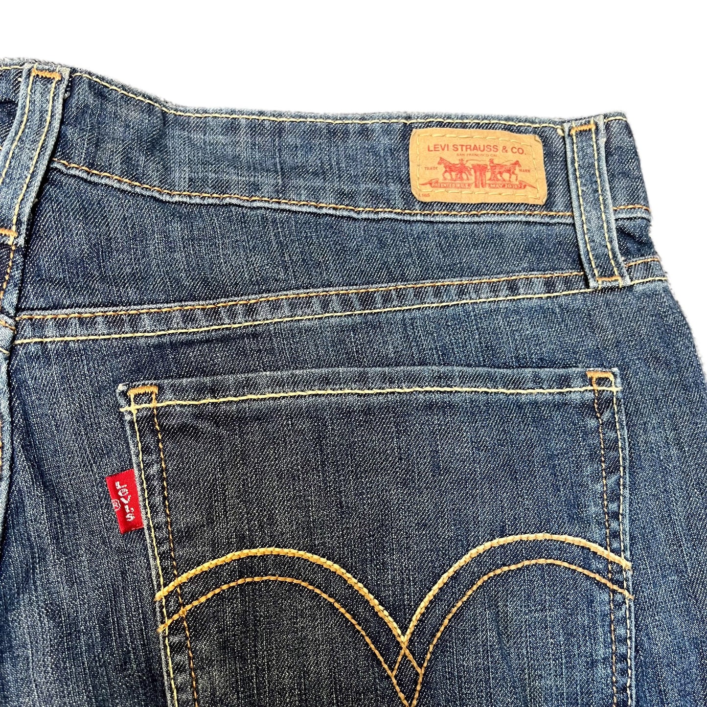 Levi's 518 Superlow Jean Shorts Fits as Womens XL 33" Waist Blue Denim Red Tab