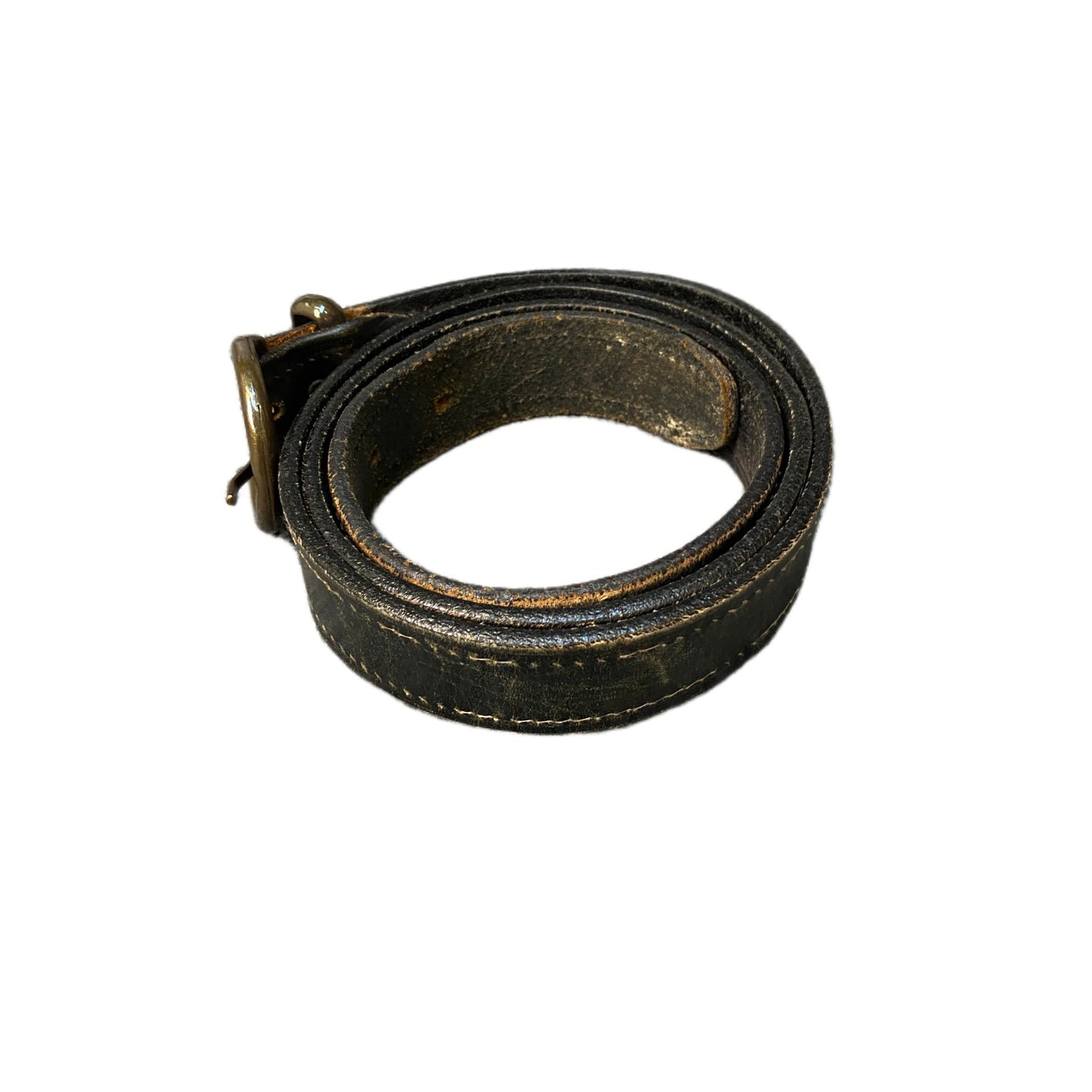 Vintage Waist Belt Mens Black Leather Adjustable Brass D-Shape Buckle 45 Inches
