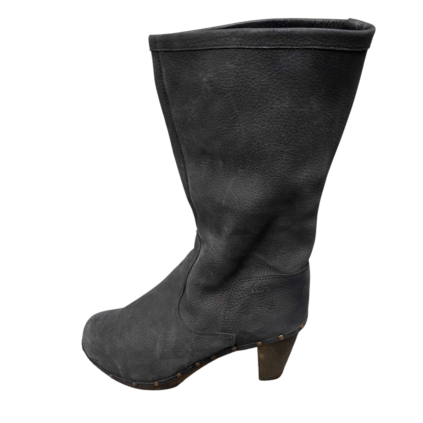 Sanita Booties Womens UK Size 7 Black Leather Studded Mid Calf Round Toe Pull On