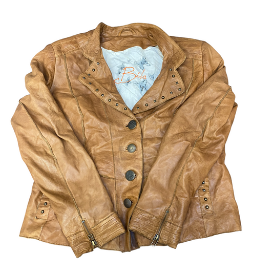 Bila Genuine Leather Blazer Jacket Womens Medium Brown Studded Single Breasted