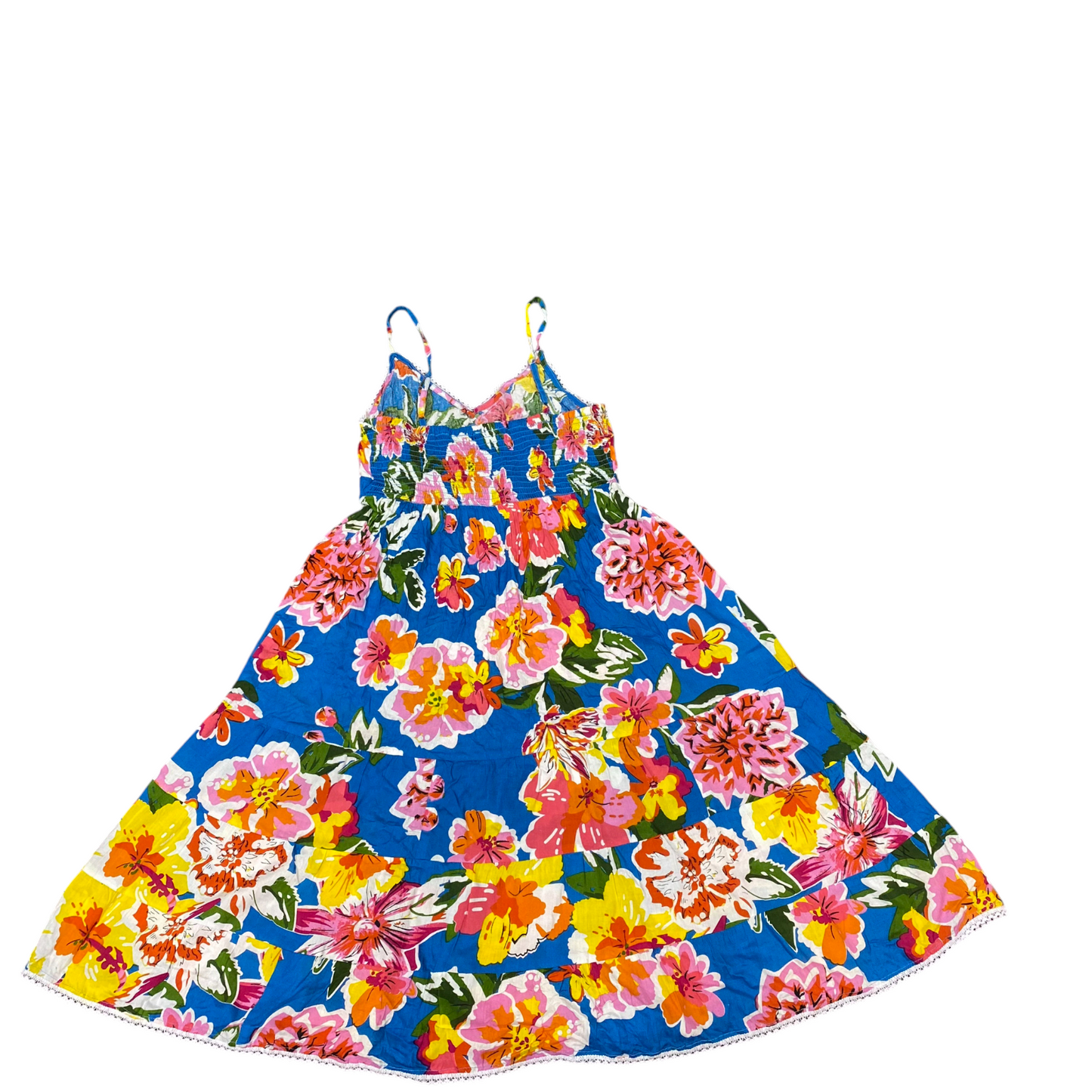 South Main A-Line Dress Womens M Blue Floral Lace Trim Smocked Spaghetti Strap