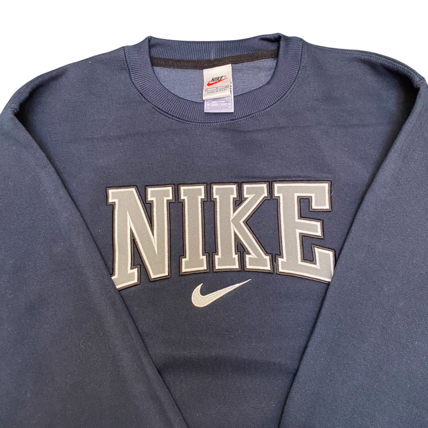Nike Reworked Sweatshirt Mens S Blue Heather Embroidered Spellout Logo Crew Neck