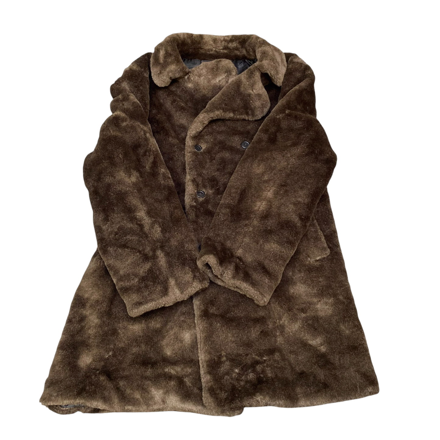 Contemporary  Faux Fur Trench Coat Womens Large Brown Lined Double Breasted