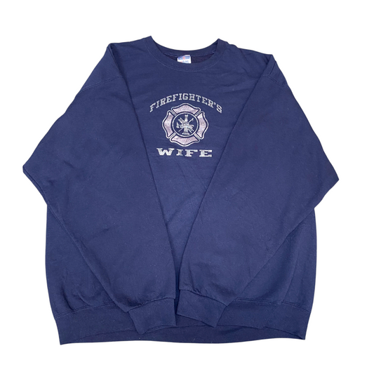 Jerzees Sweatshirt Mens XL Blue Firefighter's Wife Long Raglan Sleeve Crew Neck