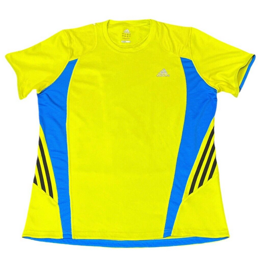 Adidas T-Shirt Womens Large Yellow Blue Logo Crew Neck Short Sleeve Pullover Tee