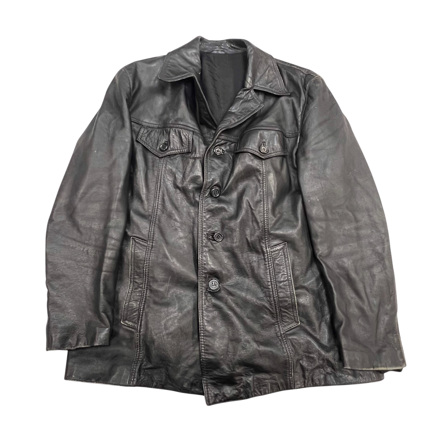 Mens Faux Leather Jacket Medium Black Lined Long Sleeve Collared Button Front