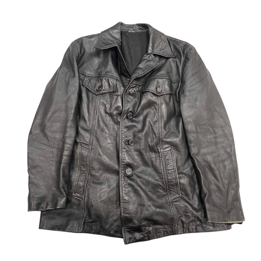 Mens Faux Leather Jacket Medium Black Lined Long Sleeve Collared Button Front