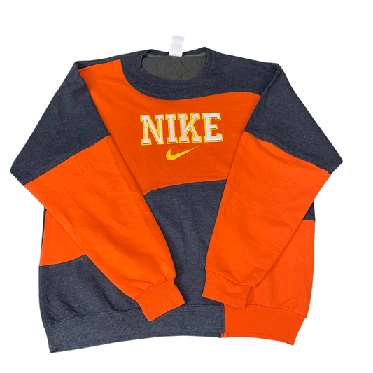 Nike Reworked Sweatshirt Men Large Orange Grey Embroidered Spellout Logo Vtg Y2K