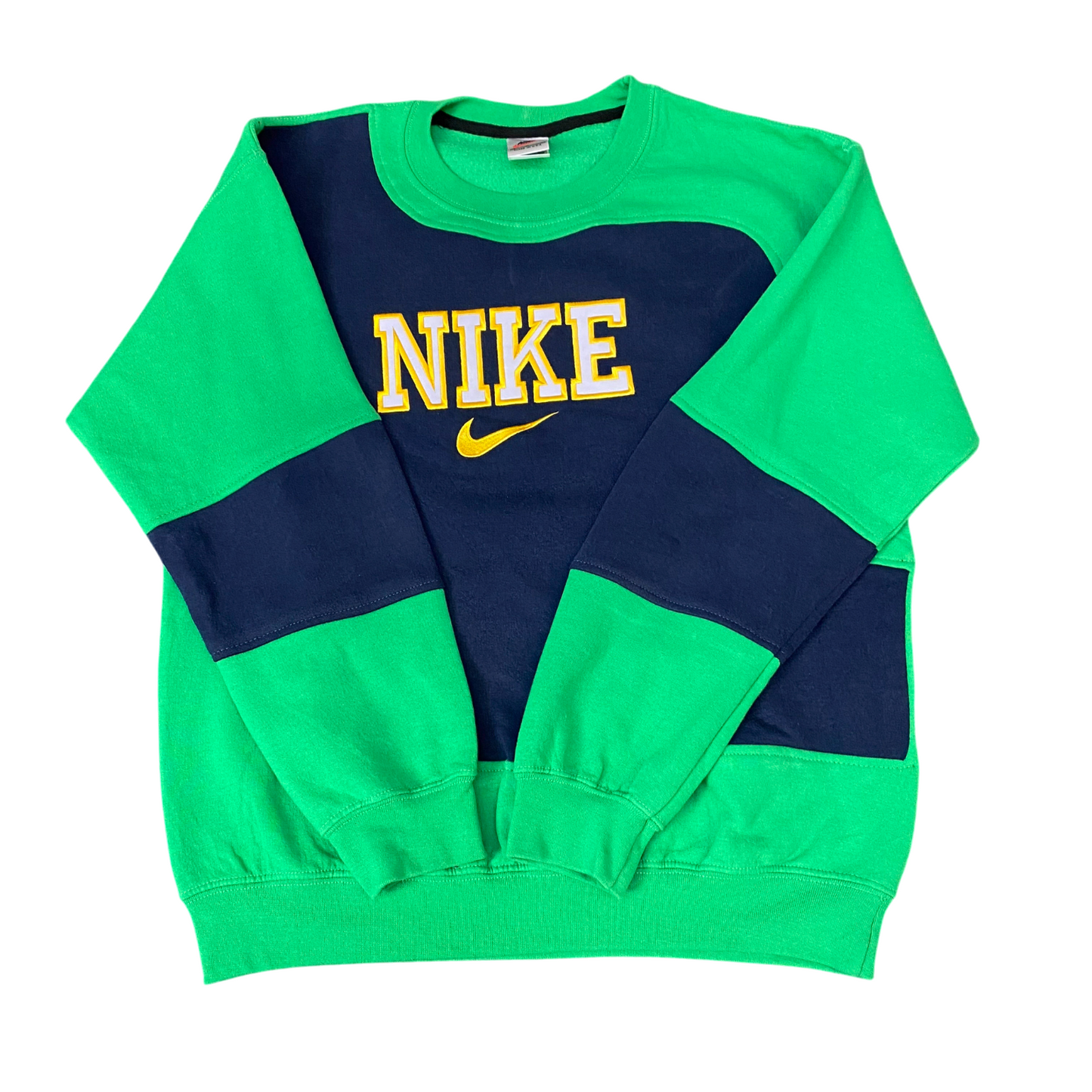 Nike Reworked Sweatshirt Mens Medium Green Blue Embroidered Spell Out Logo Y2K