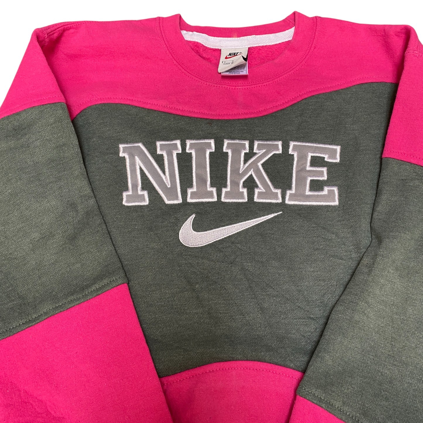 Nike Reworked Sweatshirt Mens Small Pink Green Embroidered Spellout Logo Vtg Y2K