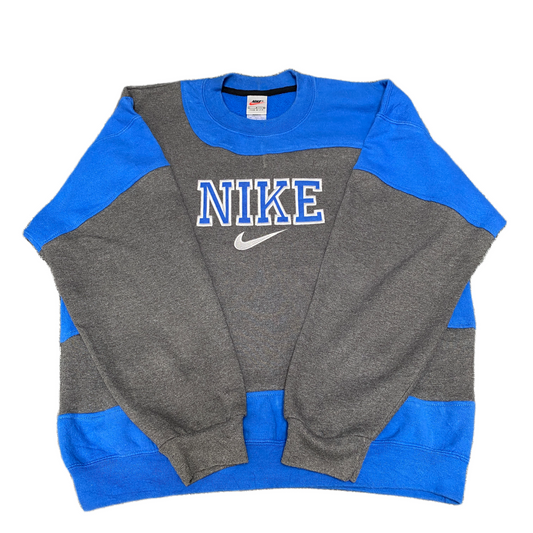 Nike Reworked Sweatshirt Mens L Blue Grey Embroidered Spellout Logo Vintage Y2K