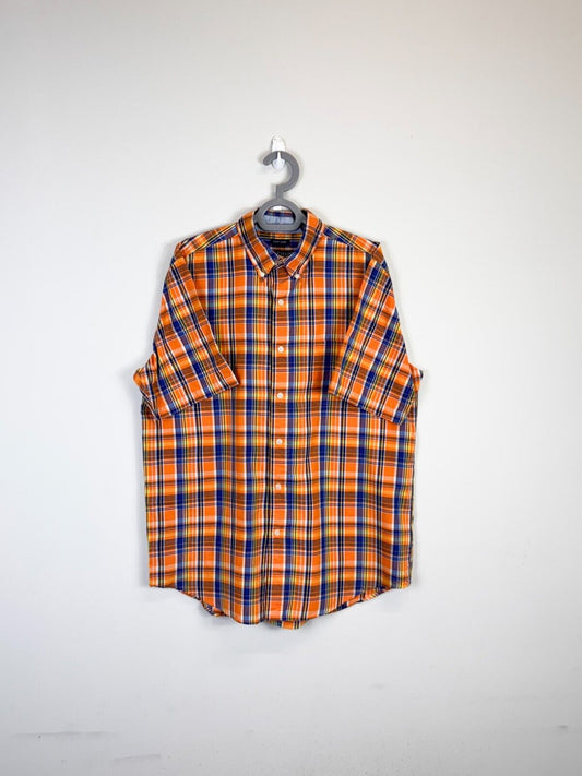 Chaps Shirt Men XL Orange Plaid Cotton Easy Care Short Casual Sleeve Button Down