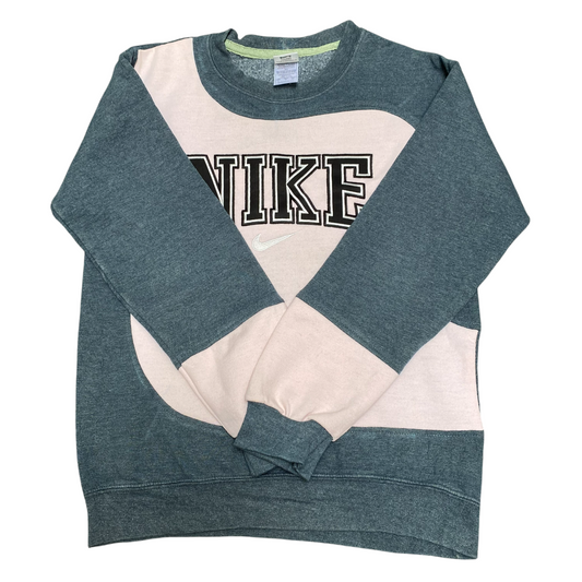 Nike Reworked Sweatshirt Mens Small Grey Pink Embroidered Spellout Logo Vtg Y2K