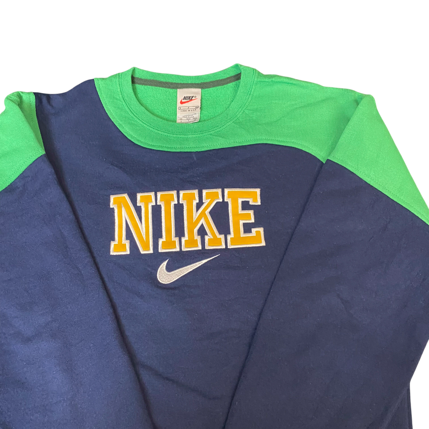 Nike Reworked Sweatshirt Mens Small Navy Green Embroidered Spellout Logo Vtg Y2K