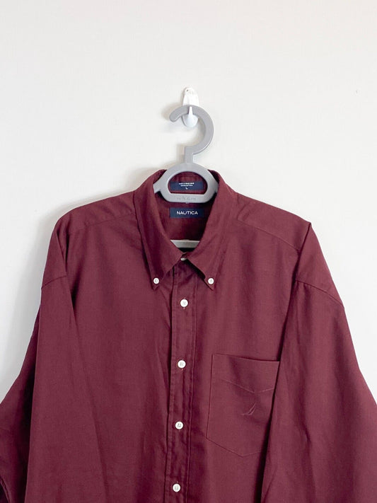 Nautica Shirt Mens Large Deep Reddish Cotton Long Sleeve Collared Button Down