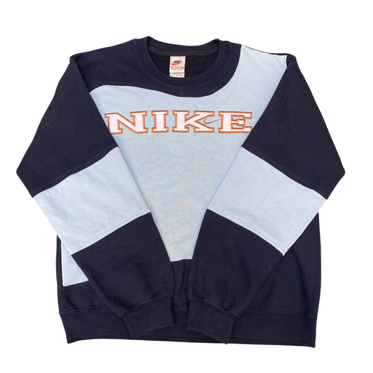 Nike Reworked Sweatshirt Mens Medium Blue Embroidered Spell Out Logo Crew Neck