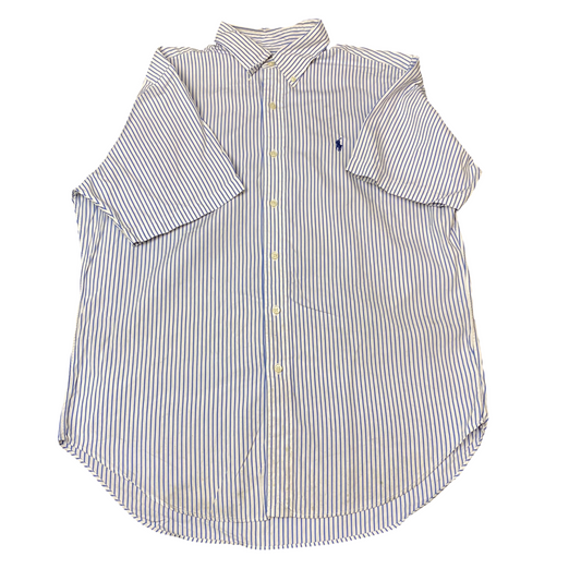 Ralph Lauren Shirt Mens L White Blue Striped Classic Fit Short Sleeve Button Up
