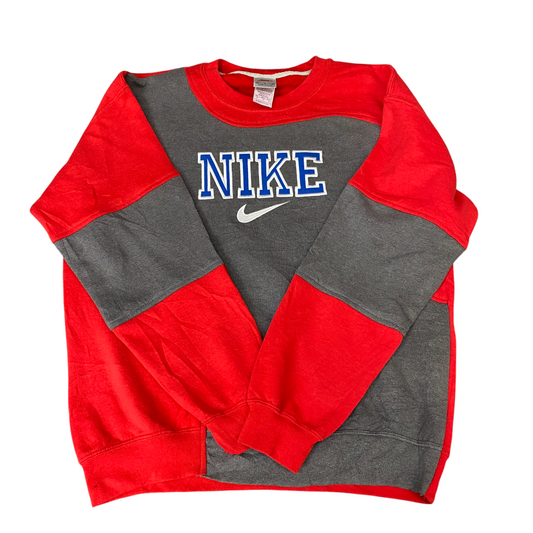 Nike Reworked Sweatshirt Mens Medium Red Grey Embroidered Spellout Logo Vtg Y2K