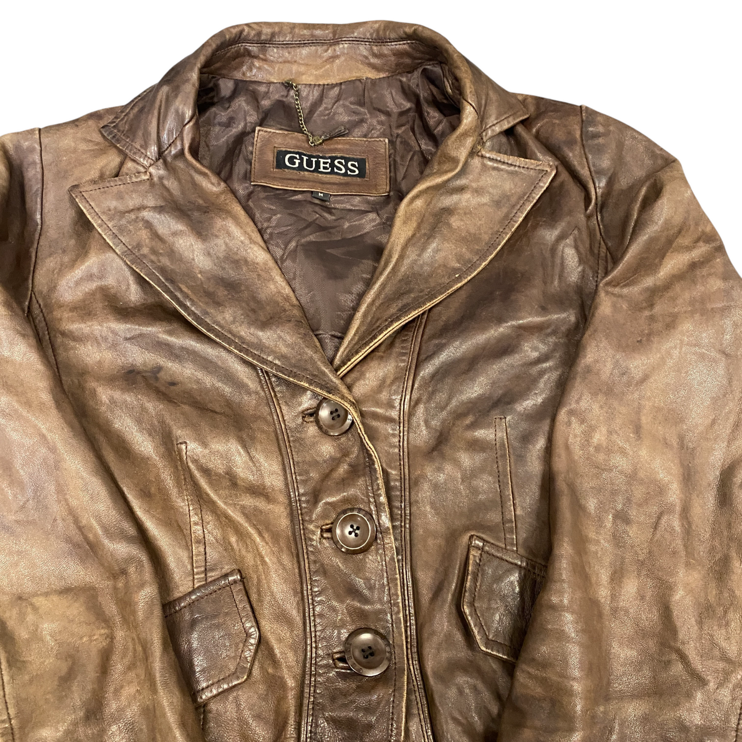 Guess Leather Blazer Jacket Women Medium Brown Lined Notch Lapel Single Breasted