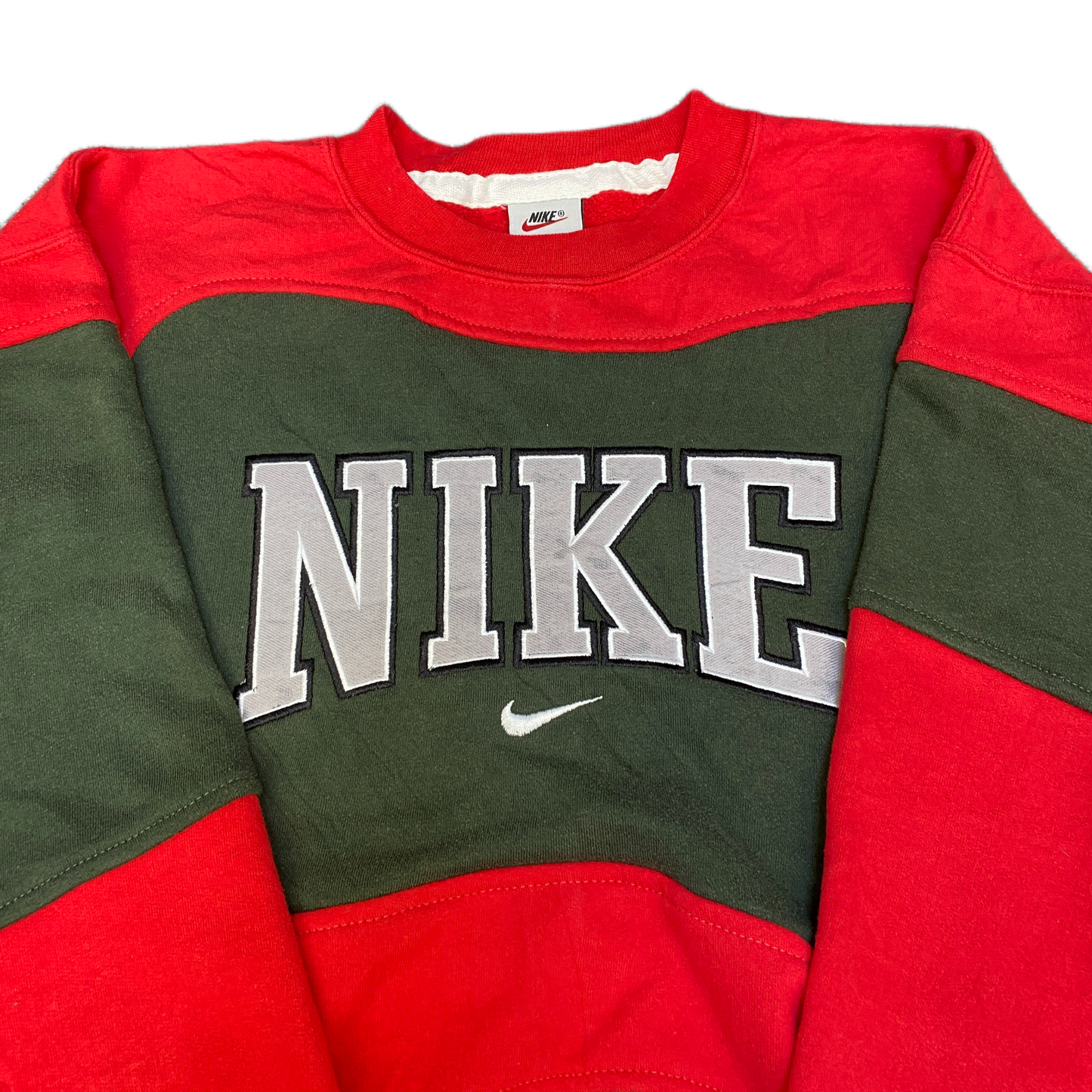 Nike Reworked Sweatshirt Mens M Green Red Embroidered Spellout Logo Vintage Y2K