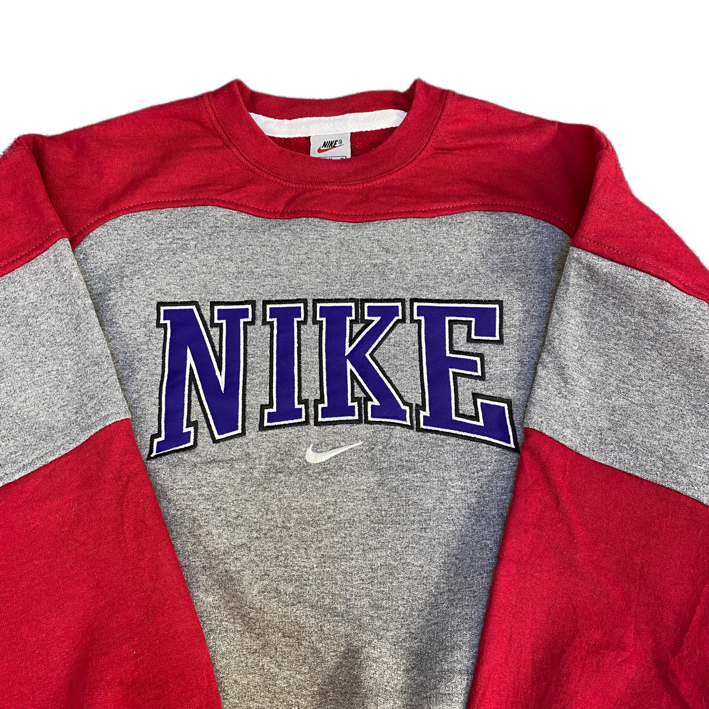 Nike Reworked Sweatshirt Mens M Red Grey Embroidered Spellout Logo Vintage Y2K